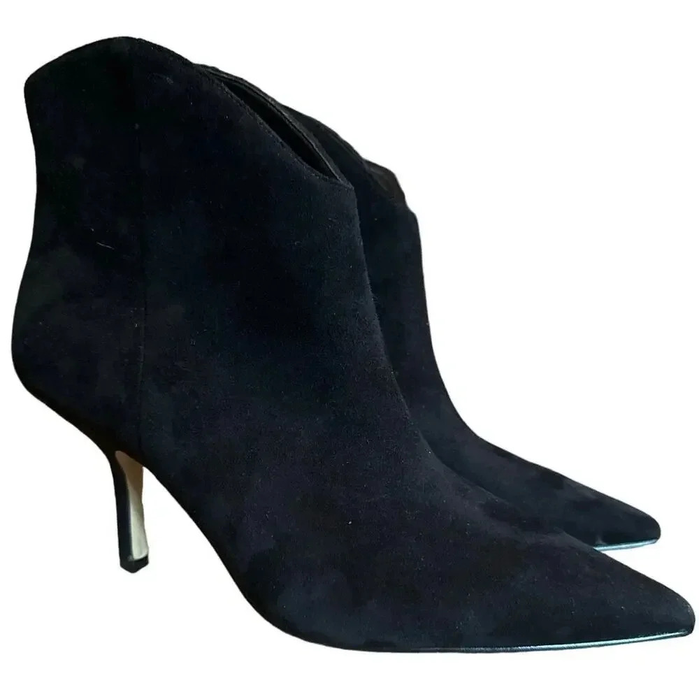 Marc Fisher LTD Booties 9.5‎ Black Suede Pointed Toe Kitten Heel Minimalist